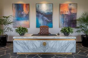 A marble desk with two paintings on it photo