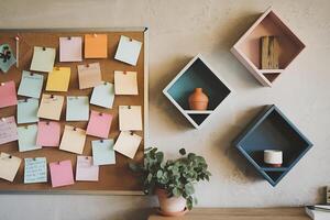 A bulletin board with post-it notes on it photo
