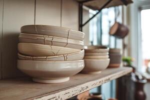 A shelf with a bunch of bowls on it photo