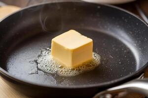 A block of butter is being fried in a pan photo