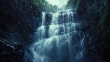 Cascading Waterfall in a Lush Green Forest photo