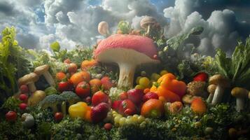 A Surreal Arrangement of Mushrooms, Fruits, and Vegetables Against a Cloudy Sky photo