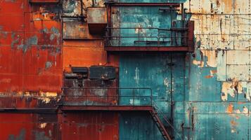Weathered Industrial Wall with Rusty Metal and Peeling Paint photo