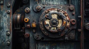 Close-up of an Industrial Machine's Rusty Gear and Components photo