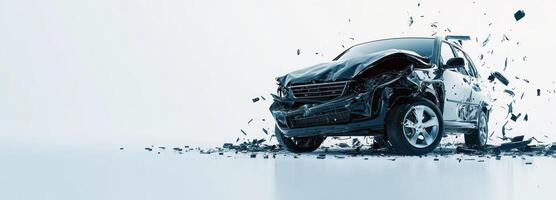 A Black SUV with a Crushed Front End and Scattered Debris photo