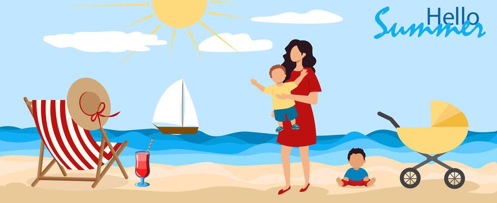 A family enjoys a sunny summer day on the beach, with a mother holding a child, a baby in a stroller, and beach chairs nearby. Refreshing drinks and a sailboat complete the scene