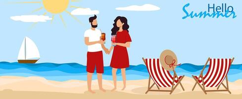 A couple stands together on a sandy beach during summer, holding drinks and smiling at each other. Colorful beach chairs and a sailboat are in the background, creating a relaxed vacation atmosphere vector