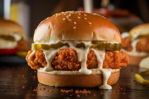 A close up of a chicken sandwich with cheese and pickles photo
