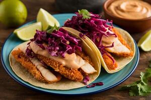 Two fish tacos with red cabbage slaw and lime wedges photo