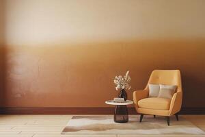 A chair and table in front of a wall with a brown ombre photo