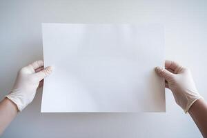Hands in white gloves holding a piece of paper photo