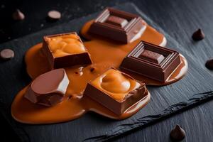 Melted Caramel and Assorted Chocolate Candies on Slate photo