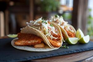 Delicious Crispy Fish Tacos with Slaw and Lime Wedges photo
