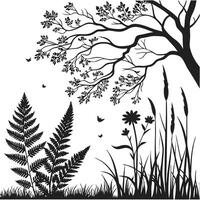 Silhouette of a tree and ferns in the grass vector