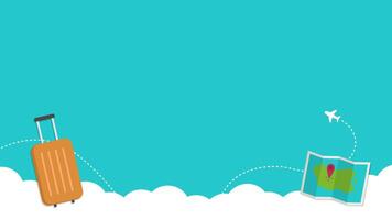 Travel copy space template background with baggage and map floating on white clouds vector