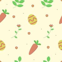 Easter pattern illustration with leaves, carrot, and eggs on yellow background vector