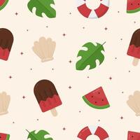 Summer seamless pattern with watermelon, seashell, leaf, and ice cream vector