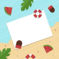 Summer copy space with blank paper for text on top view beach with ice cream, leaf, watermelon, and ring buoy vector