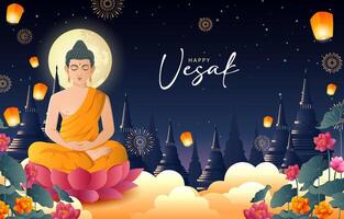 Happy Vesak with lord budha and temple background vector