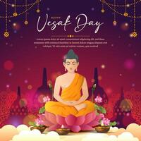 Happy Vesak Day with lord budha and temple background. with gradient color concept for banner, greeting card, cover vector