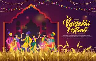 Happy Vaisakhi festival horizontal background with happy india people dancing vector