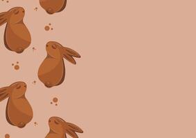 poster with gingerbread cookies in the shape of a rabbit with small ears and a round tail and covered in dark chocolate on a brown background, for various Easter decoration vector