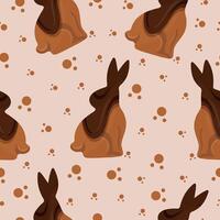 seamless pattern with gingerbread cookies in the shape of a rabbit with big ears sitting and covered in crumbs with dark chocolate on a brown background, for various Easter designs vector