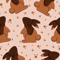 seamless pattern with gingerbread cookies in the shape of a rabbit standing on its hind legs and looking up with crumbs and covered in dark chocolate on a brown background, for Easter decorations vector