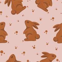 seamless pattern with gingerbread cookies in the shape of a rabbit standing on its hind legs and looking up with crumbs on a brown background, for Easter decorations and backgrounds vector