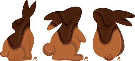 set of gingerbread cookies in the shape of rabbits in different shapes and poses covered in dark chocolate, for a variety of Easter designs vector