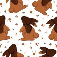 seamless pattern with gingerbread cookies in the shape of a rabbit standing on its hind legs and looking up with crumbs and covered in dark chocolate, for Easter decorations and backgrounds vector