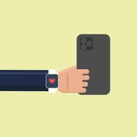 Hand Holding Smartphone with Smartwatch Displaying Heartbeat in Minimalist Flat Design vector