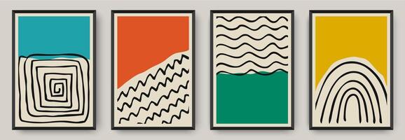 Abstract posters with bold color fields and hand drawn elements vector