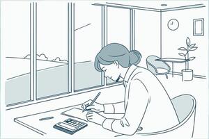Minimalist office setting with a person working, writing and calculating taxes at a desk, with a view of a calm nature outside the window vector