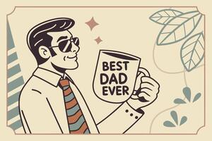 Vintage inspired illustration of a stylish dad holding a Best Dad Ever mug, a perfect Fathers day background vector
