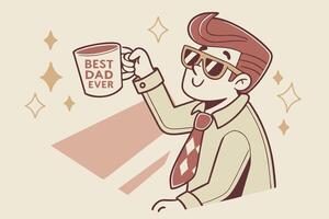 Retro style fathers day card illustration with a cheerful dad holding a mug, perfect for celebrating Fathers day vector
