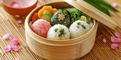 Traditional japanese bento box with sakura rice balls on bamboo mat photo