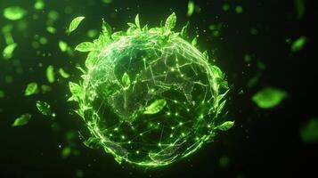 Abstract neon earth wrapped in luminous green glow with leaves photo