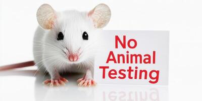 Scientific ethics concept featuring white mouse with no animal testing sign for awareness campaign photo