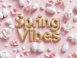 Golden foil embossed Spring vibes with floral accents on pink background photo