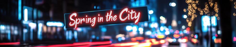 Modern neon spring in the city. Vibrant urban scene with handwritten text photo