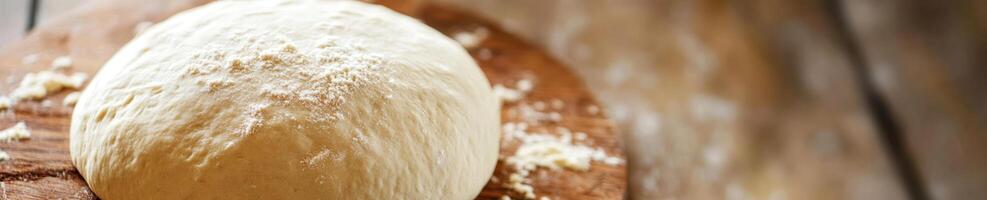 Close up of raw pizza dough ball on wooden surface for culinary inspiration and baking design photo