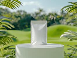 Minimalist eco friendly packaging design displayed in natural setting photo