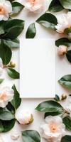 Botanical celebration with blank invitation card surrounded by elegant leaves and blooms for event design photo