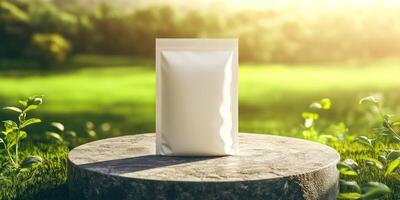 Hyper realistic studio mockup of a sleek white packaging design on stone with nature background photo