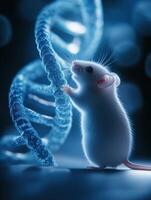 Genetic research concept with white mouse and glowing DNA helix in laboratory setting photo