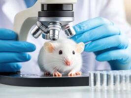 Medical researcher analyzing white mouse in laboratory setting for scientific study photo