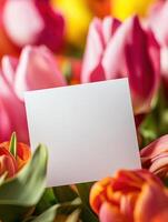 Elegant white card amidst vibrant tulips for spring greetings or wedding invitations photo