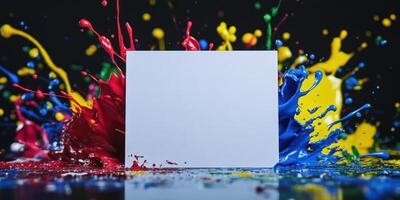 Vibrant paint splash exploding behind blank white canvas for creative design concepts photo