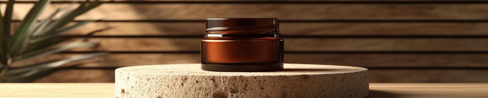 High resolution unbranded amber glass jar on wooden surface in natural light photo
